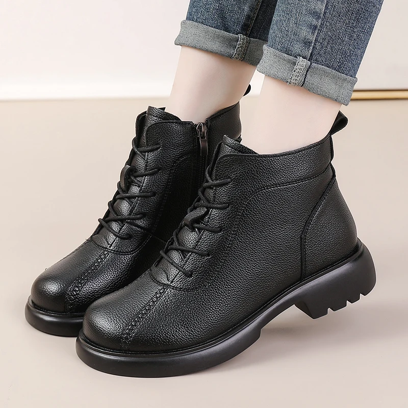 Flat Heel Shoes White Ankle Boots Winter Footwear Low Rock Ladies Leather 2024 Rock Shoes Woman Lady Boots Winter Footwear Flat