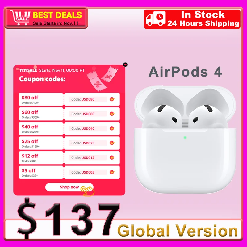 Apple AirPods 4 Active Noise Cancellation powerful  H2 chip Wireless Charging Case Bluetooth 5.3 Official original 100%