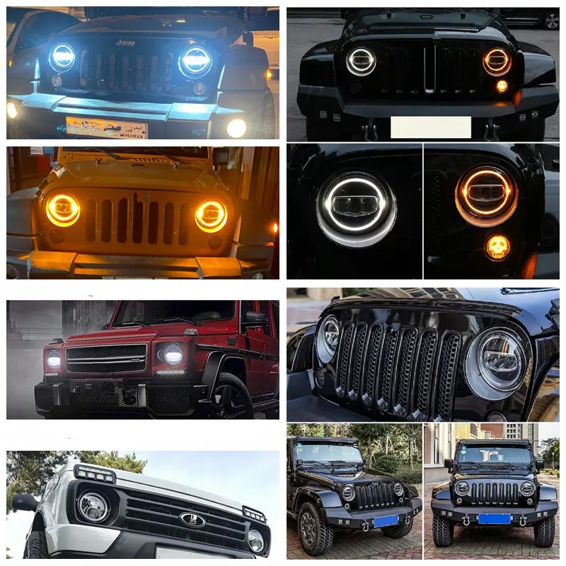 Motocyklowy 7 Cal reflektor Led DRL Halo kierunkowskaz koloru bursztynowego oświetlenie do jeepa Wrangler JK TJ LJ Lada Defender Suzuki Hummer