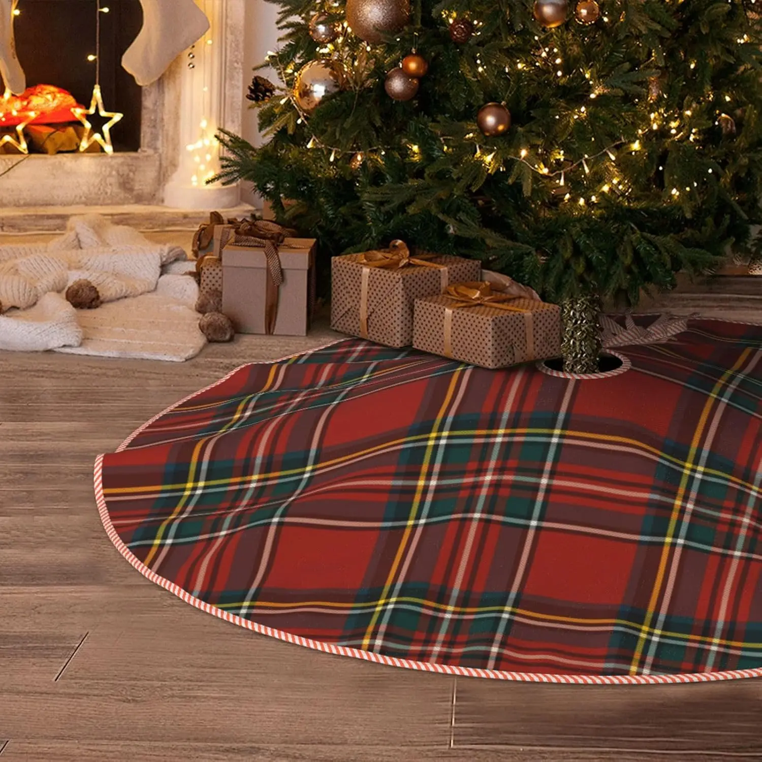 Kerstboomrok Linnen Malcolm Familie Tartan Donkerblauw en Groen Geruite Kerstboomrok Decoraties Kerstboommat