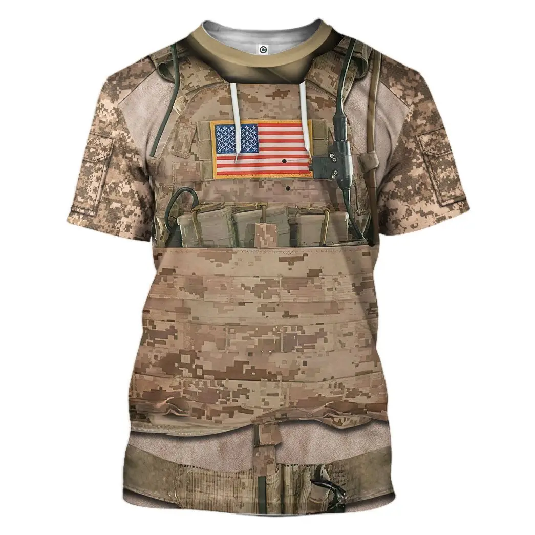 T-shirt à manches courtes et col rond pour hommes, uniforme de camouflage du Corps des Marines, impression 3D de haute qualité, personnalité amusante, rue, hip-hop, été, nouveau