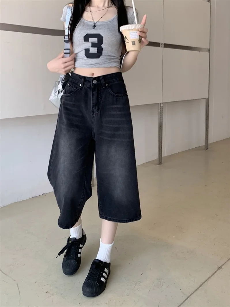 

MiiiiX Casual Style High-waisted Wide-leg Jeans Women's 2024 Summer Three-quarter Denim Shorts Black Washed Loose Straight Pants