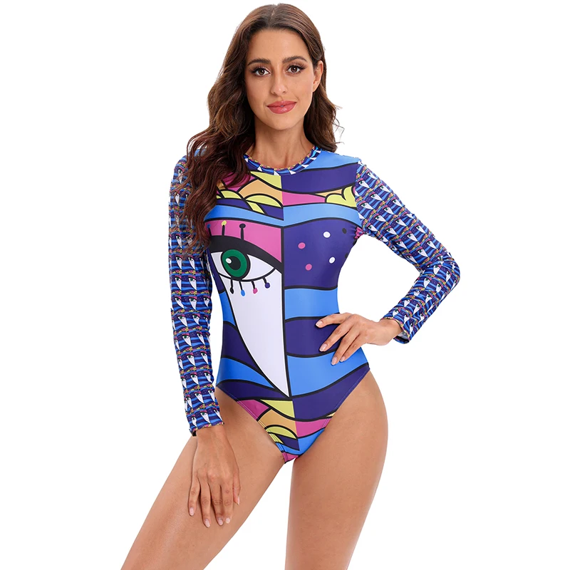 ZAFUAZ Women\'s Floral Print Backles Swimwear One Piece Swimsuit Long Sleeve Surfing Rash Gurads Bathing Suit  Beach Wear Sw