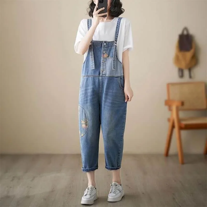 Macacões jeans soltos casuais redução de idade jeans coreano moda vintage luz azul macacão uma peça roupas femininas