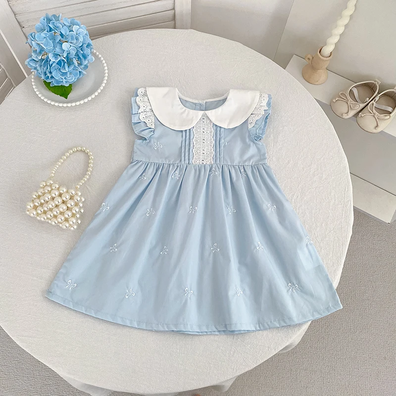 2026 New Summer Baby Girl 2-6Yrs Kids Princess Sleeveless Dresses Cotton Embroidery Baby Birthday Sweet Blue Dress