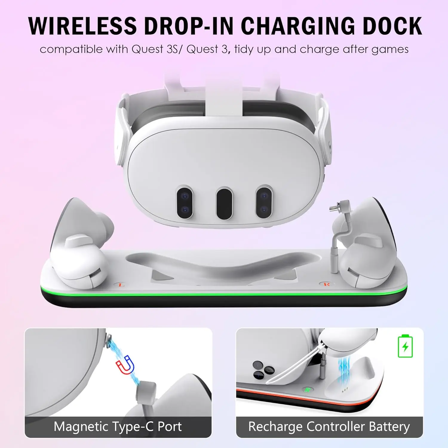 قاعدة شحن لـ Mate Quest 3/3S VR Stand لمحطة شحن Meta Quest3 تدعم سماعة الرأس مع كابل من النوع C وبطارية قابلة لإعادة الشحن