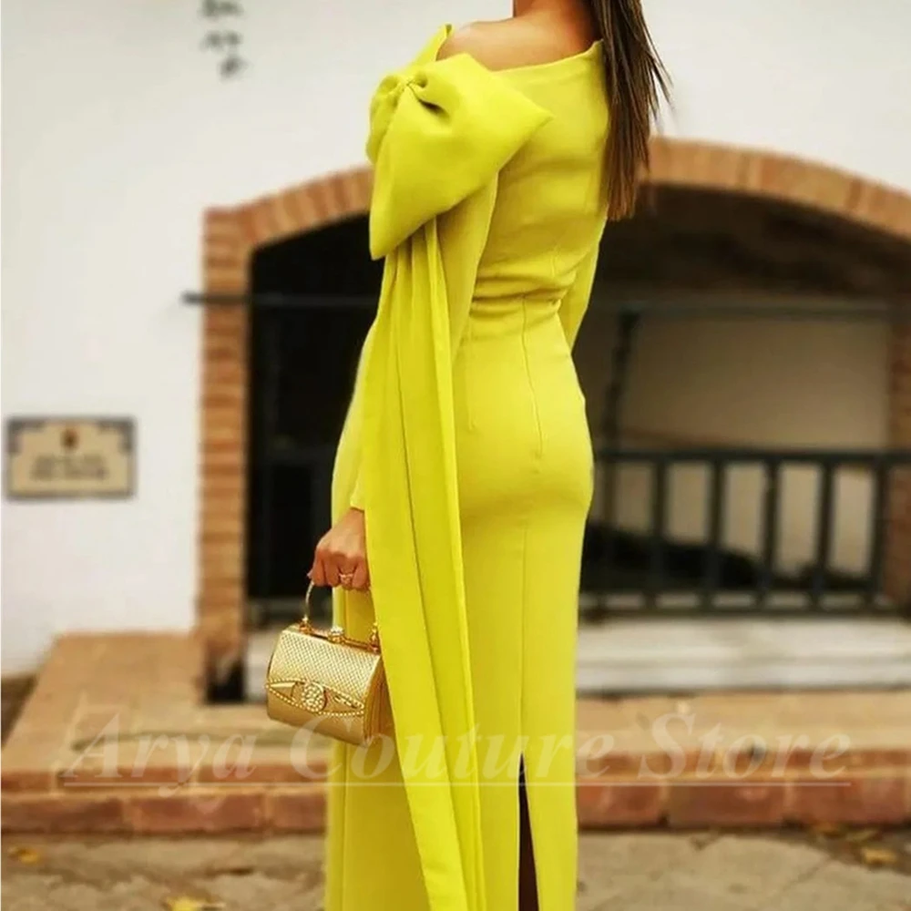 Delicate Bow Sheath Evening Dress Scoop Neck Long Sleeves Ankle-Length Women Back Slit Wedding Party Guest Gowns Custom Made