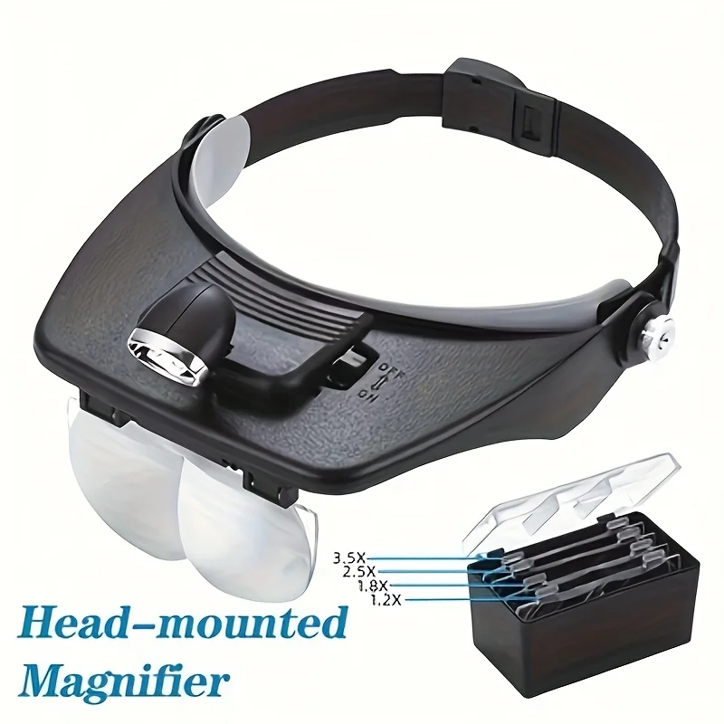 Head-Mounted LED Work Light，Magnifying Glass，Equipped 4 Interchangeable Lenses（1.2/1.8/2.5/3.5Times），