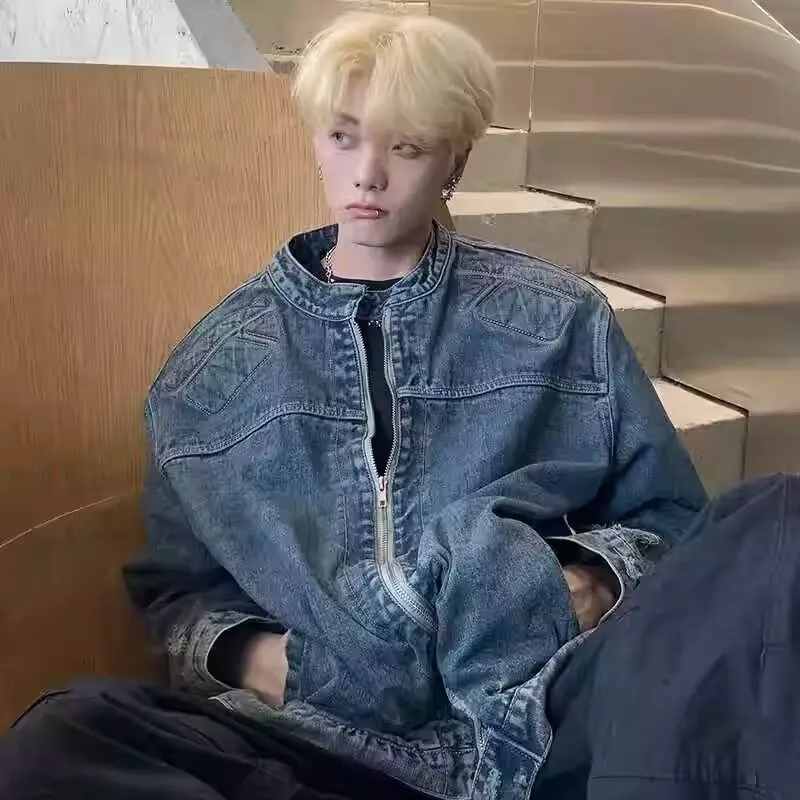 

Мужская джинсовая куртка свободного кроя на осень-зиму, большие размеры, 250 фунтов, в американском стиле, для мотоциклистов, модная уличная одежда, верхняя одежда