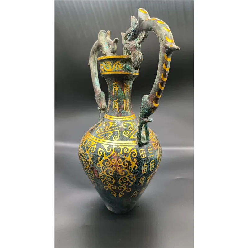 Han Dynasty Bronze Mixed Gold Double Dragon Bottle Weighs 1400G, 21cm Long and 30cm High