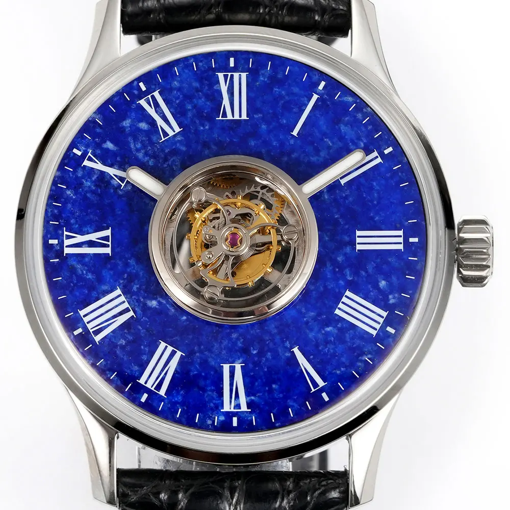 HUASUO 42mm Tourbillon centrale Orologio meccanico da uomo Pietra preziosa Quadrante cielo stellato Movimento pavone Riserva di carica extra lunga di 5 giorni