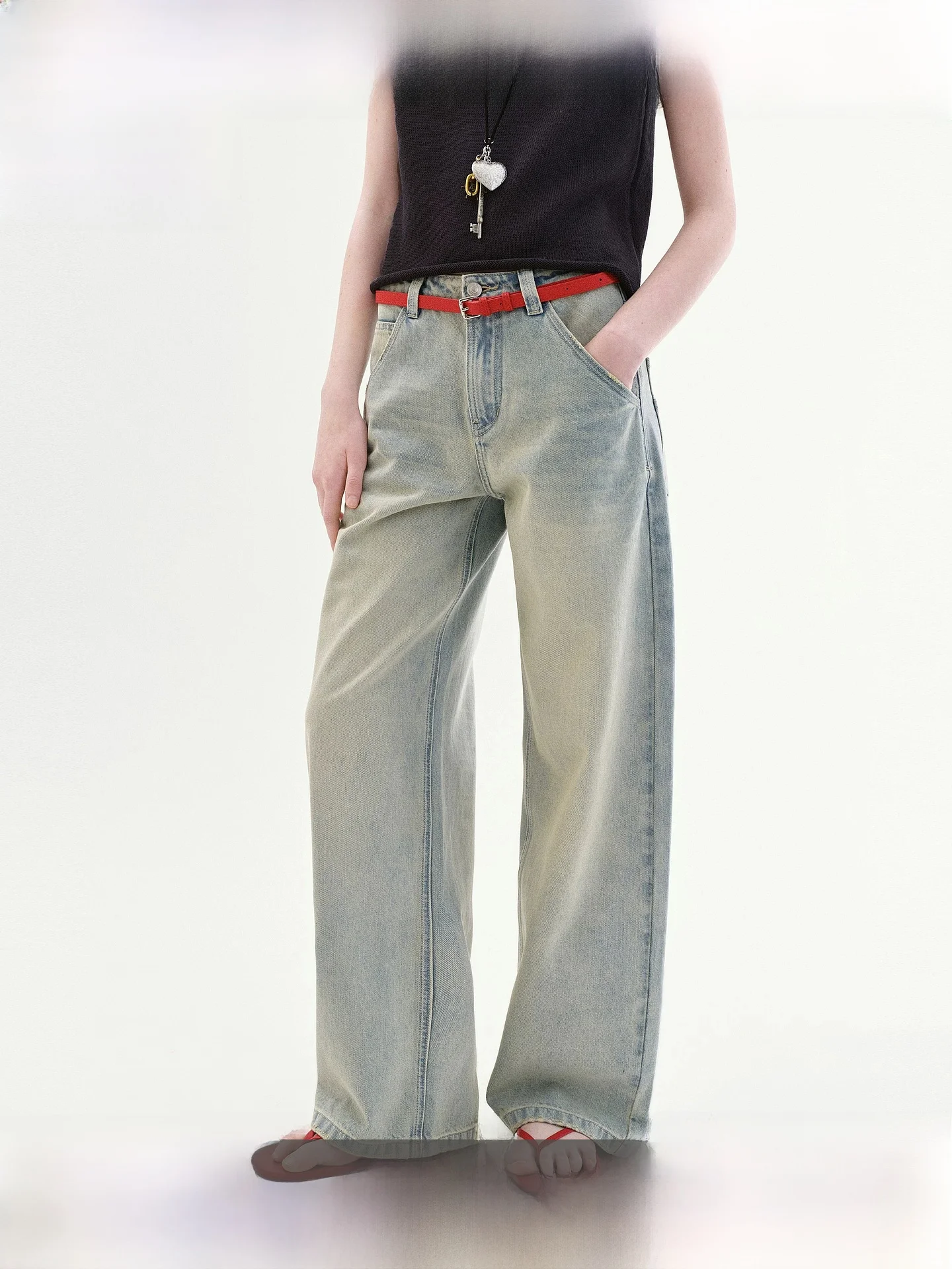 

Fano Retro American Straight Leg Jeans Women's Summer High Waist Long Pants Light Blue Frayed Cotton Commute Style Jeans