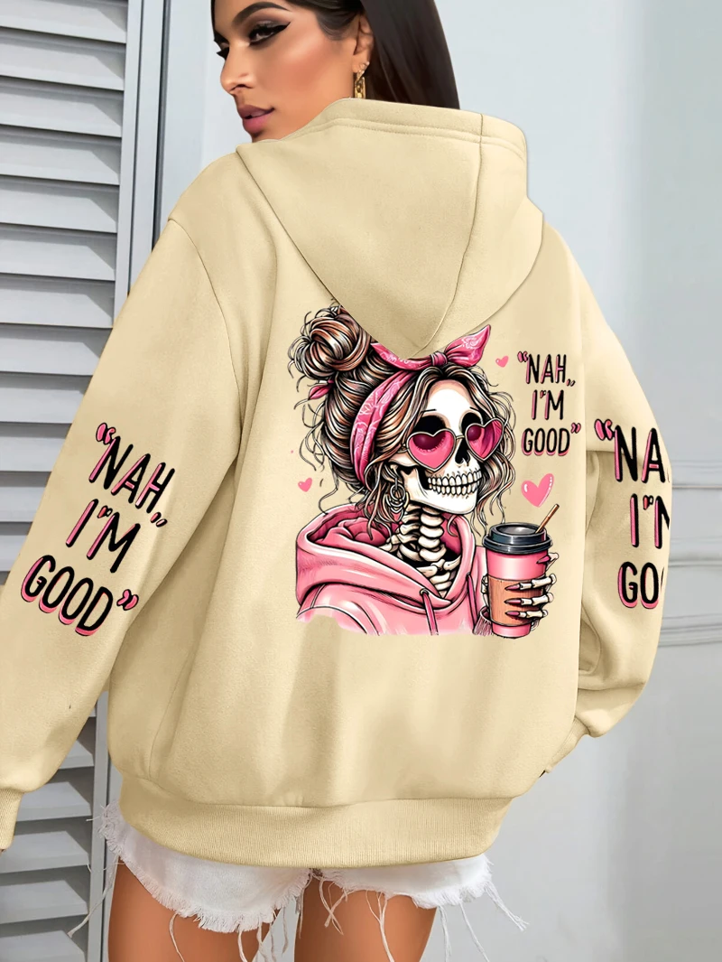 I'm Good Coffee Skull Lustiger Druck Damen-Hoodie, lockerer Jogging-Pullover, Fleece, Herbst-Sportbekleidung, lässiger Y2K-Unisex-Hoodie – Detail 14