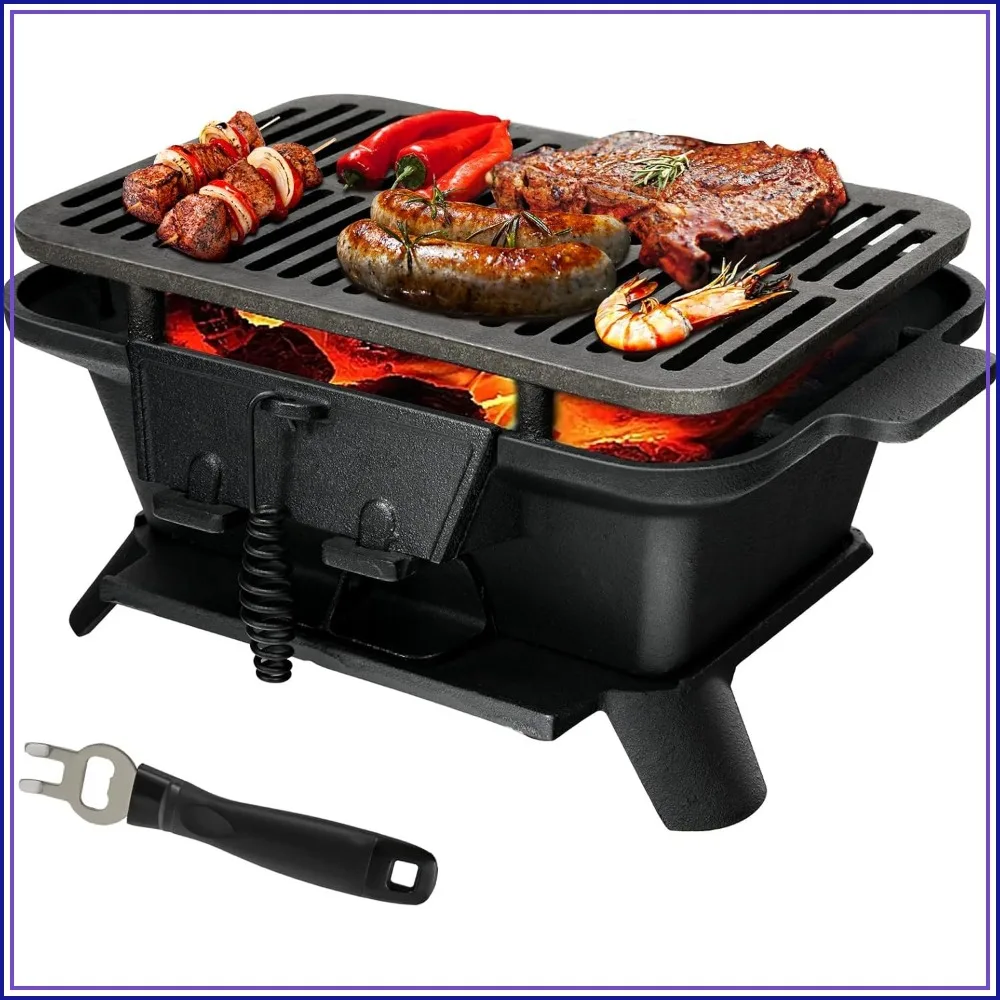 

Portable Double-Sided Cast Iron Hibachi Grill with Air Regulating Door, Ideal for Camping, Picnic & Backyard BBQ