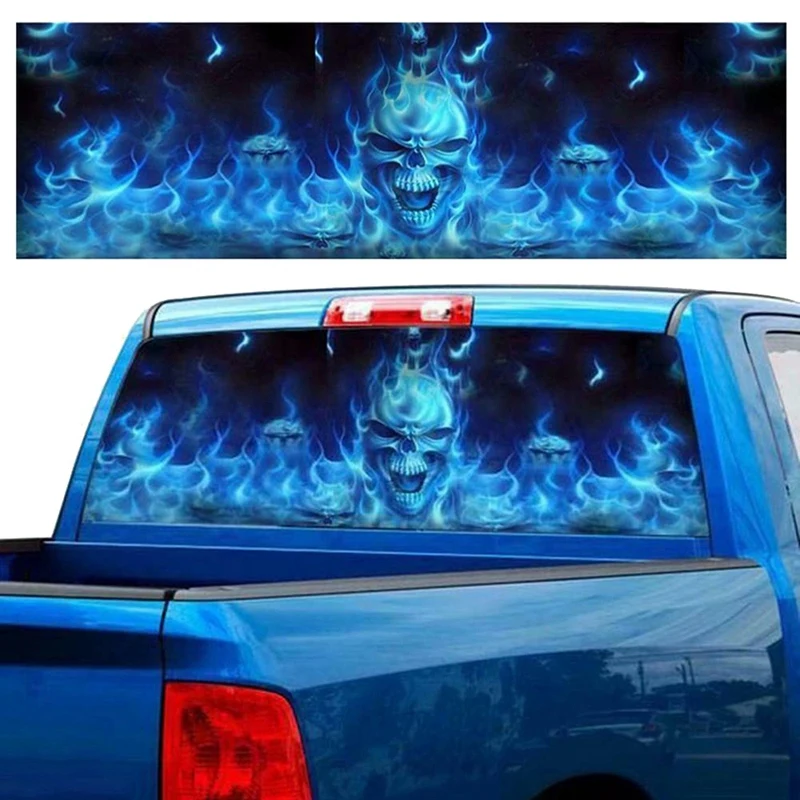 One Way Vision for Truck Suv Pickup Blue Flaming Skull 3D Rear Windshield Decal Sticker Decor Rear Window Glass Poster