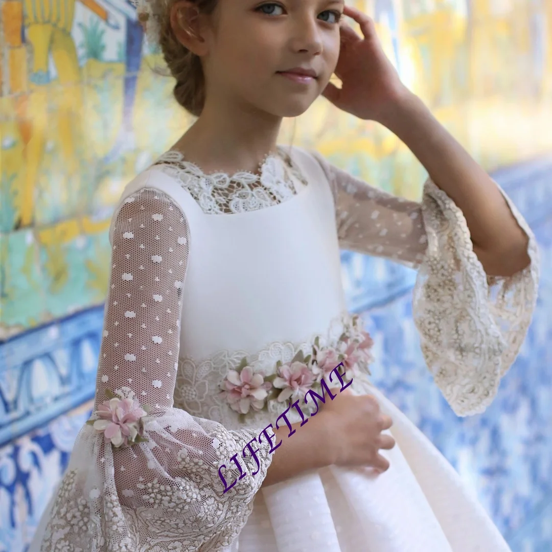 Customized Girl's Communion Dress Laces-Sleeve Layered A-line Floral Embroidery Boho Birthday Dress with Bow-Belt