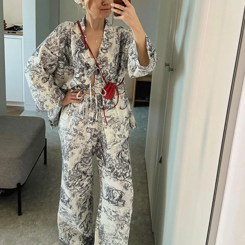 Printed Pajama Set For Women V Neck Long Sleeve Button Down Top And Pants Two Piece Loose Fit Casual Autumn Winter