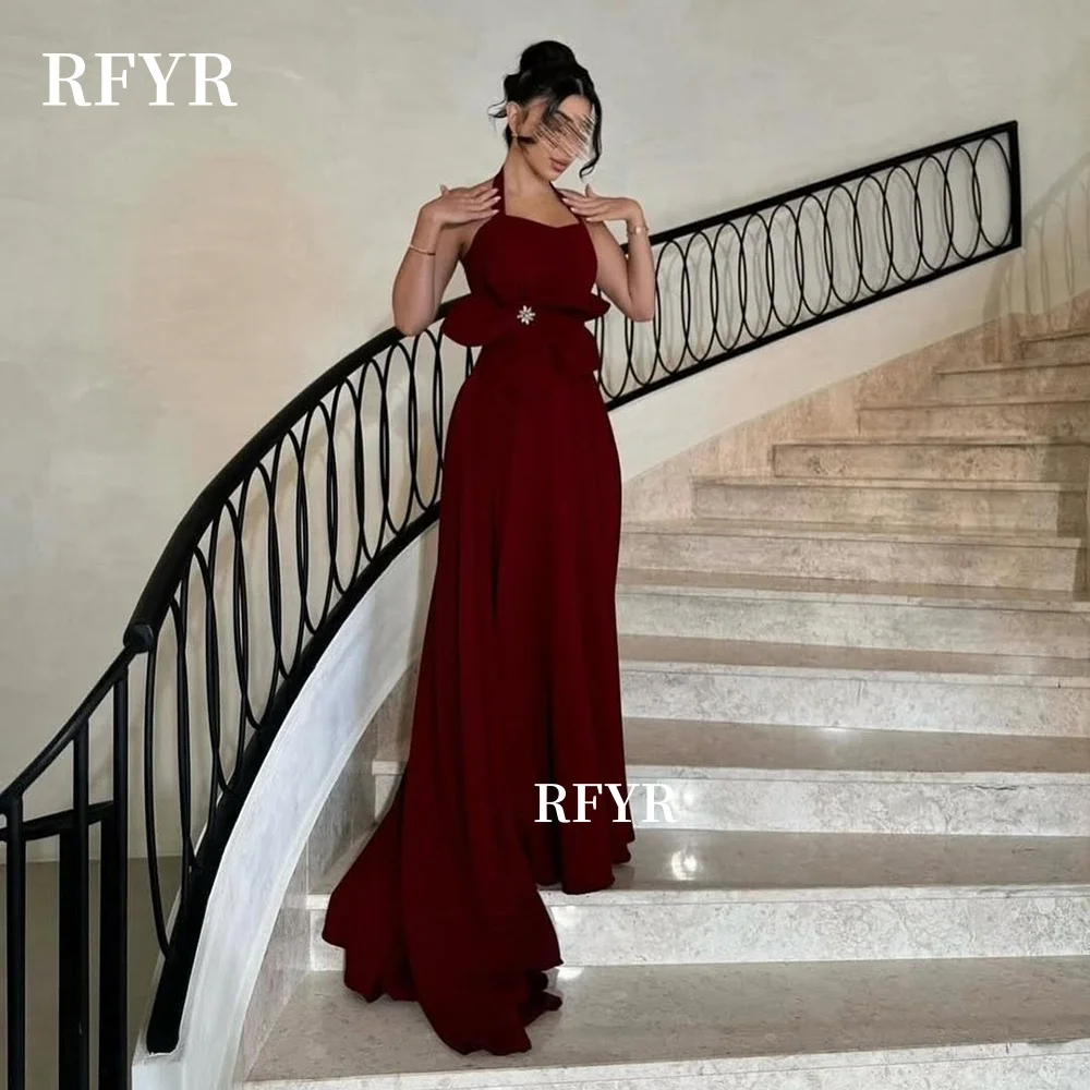 

RFYR Halter Formal Party Dresses A Line Evening Dress for Arabic Women with Flowers Prom Dress Gala Gown vestidos Customized