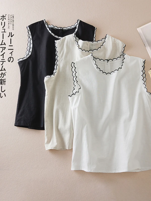 

Casual Cotton Linen Lace Trim Small Vest Large Size Women's round Ne Svel Summer Top Ba Buttoned Versatile Commute ...