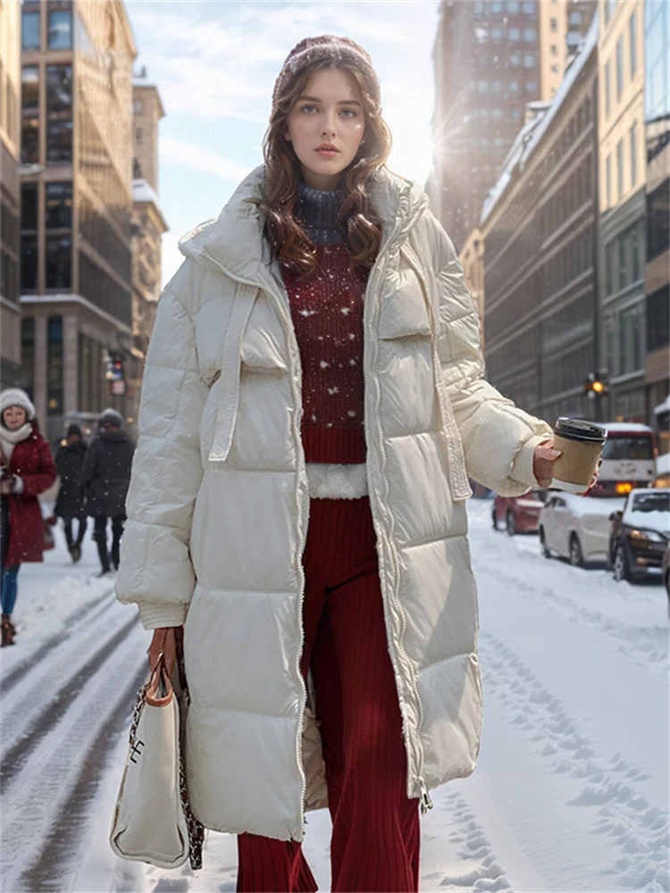 Winter 2024 Women\'s Jacket With Puffer Padded Jacket Stylish Midi Length Long-Sleeved Hooded Solid Color Thermal Coat