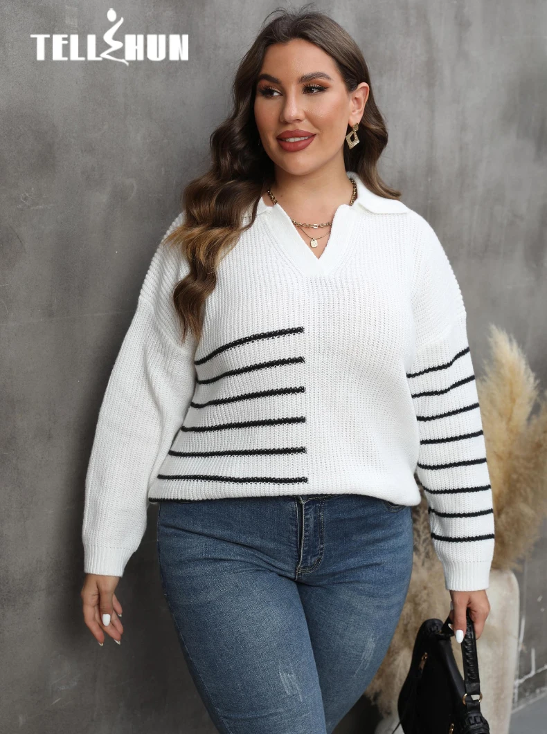 Striped Polo Neck Autumn Winter Pullover Sweater Women\'s Sweatshirt Loose Casual Warm Sweater Fashion Clothing Tops PLus Size