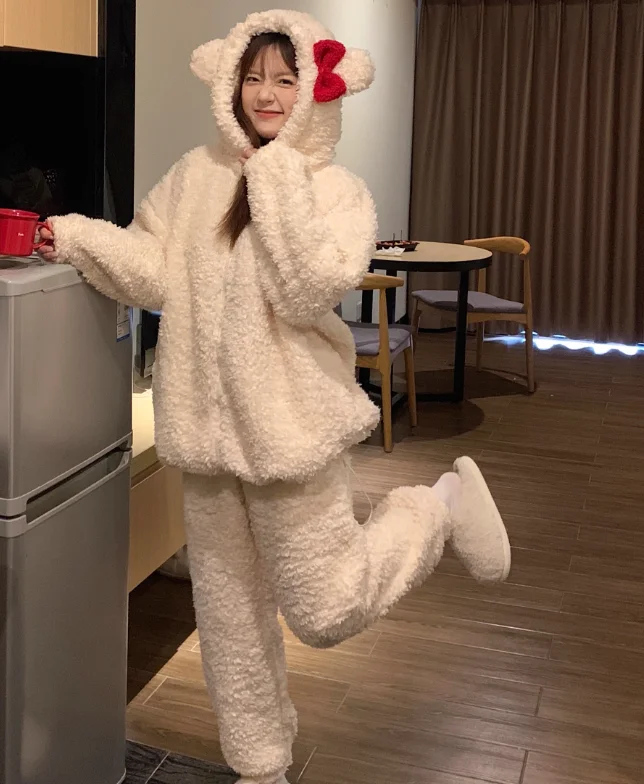 كبيرة الحجم الشتاء النساء سميكة مقنعين المرجان بيجامة من الصوف مجموعة 2025 جديد الحلو فضفاض الدافئة الحد من العمر مريحة المتسكعون #5