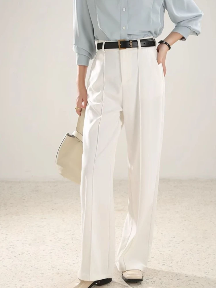 جديد ربيع وصيف 2025 سراويل عالية الخصر واسعة الساق للنساء بيضاء عالية الخصر مستقيمة فضفاضة بطول كامل سراويل نسائية