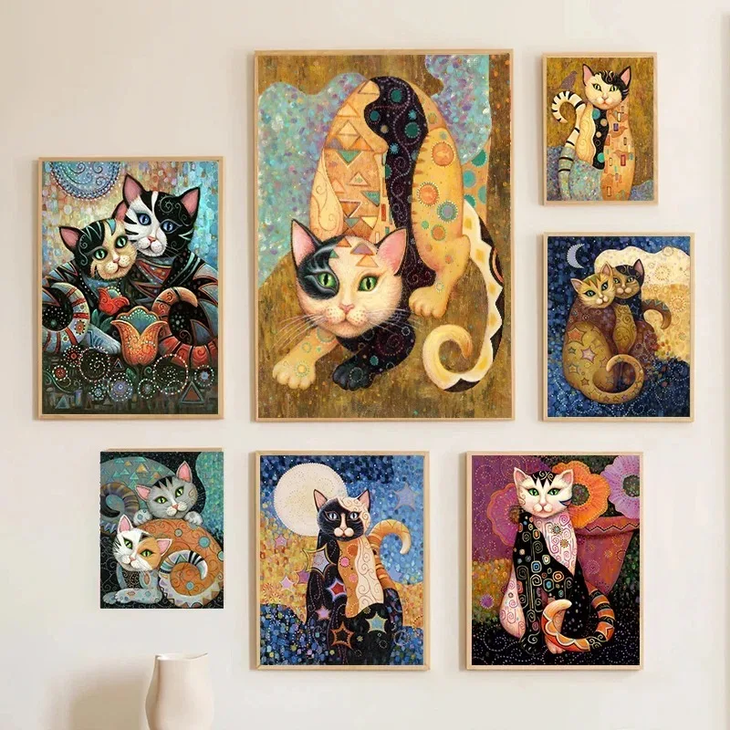 Famous Gustav Klimt Cats Poster Canvas Painting Abstract Cute Animal Retro Wall Picture For Living Room Home Decor Cuadros