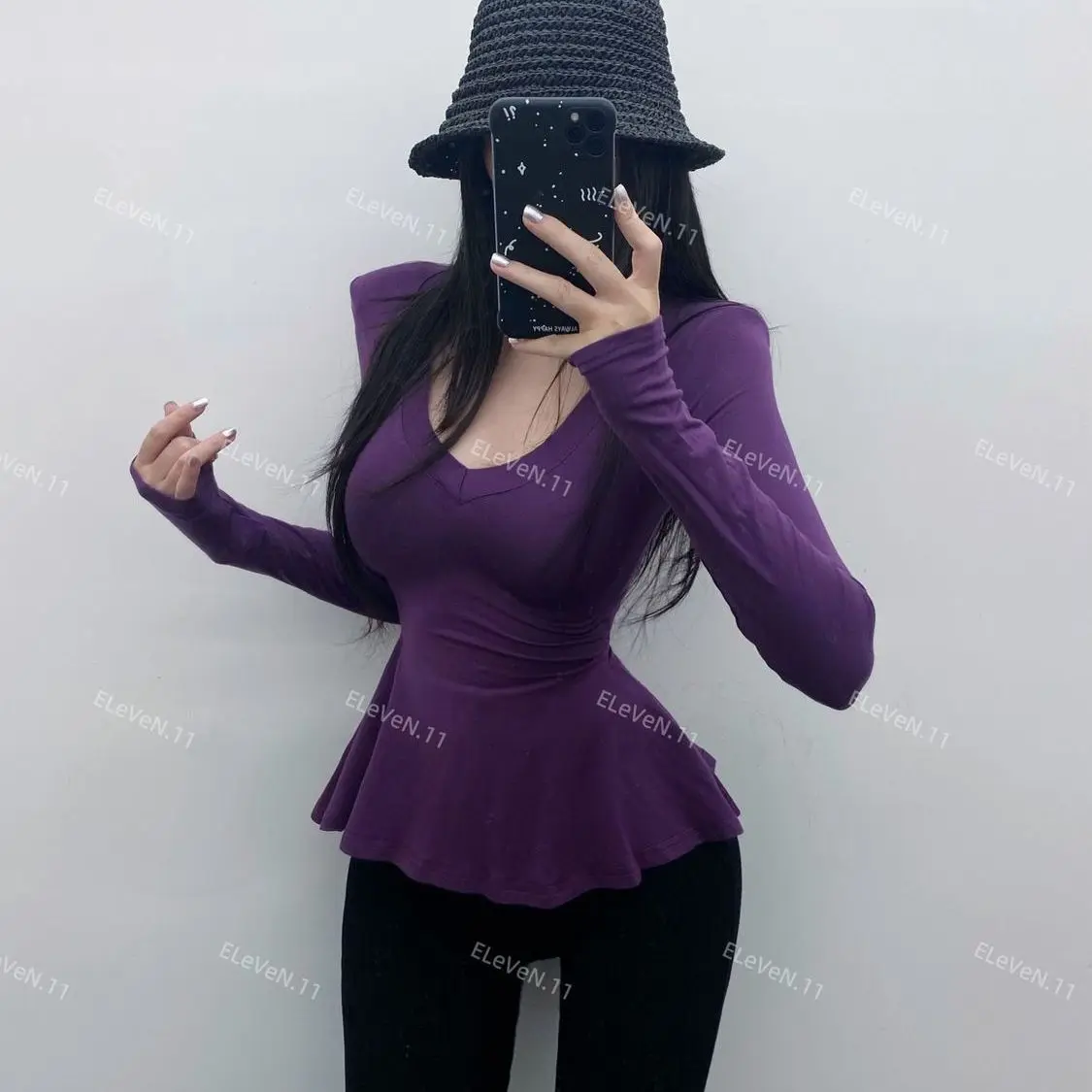 

Оптовая продажа, обтягивающие футболки с v-образным вырезом, женские топы в корейском стиле, тонкие футболки с неровным подолом, однотонная хлопковая футболка с длинным рукавом