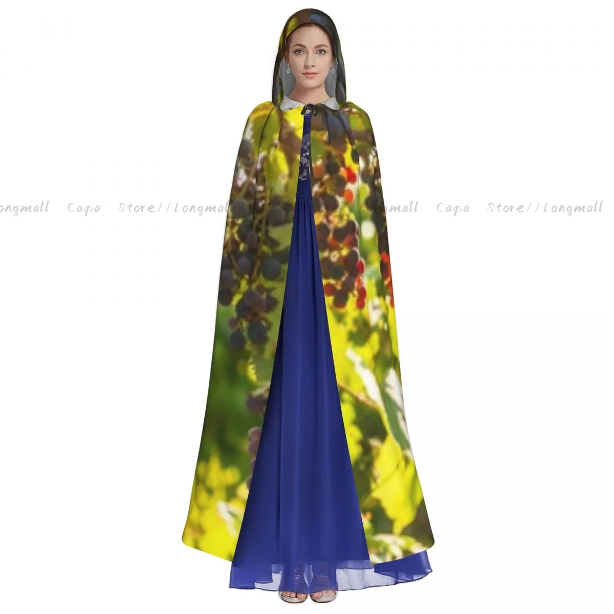 Adult Halloween Ripe Grapes In Vineyard Countryside Cloak Cape Hooded Medieval Costume Full Length Dress Coat