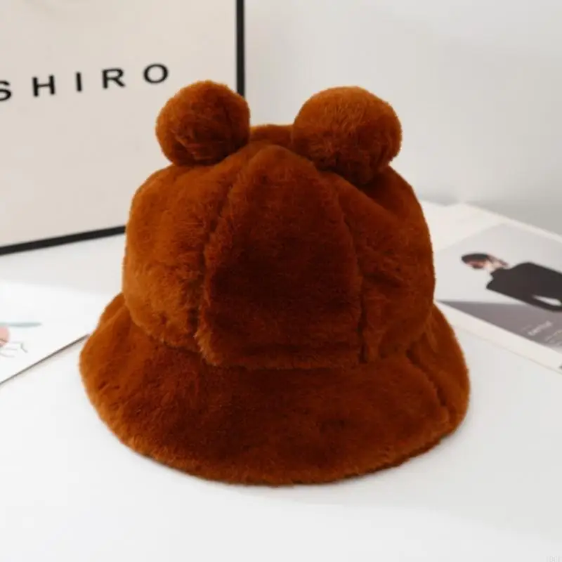قبعة صياد الشتاء الدافئة في الهواء الطلق للنساء لطيف الدب آذان الفراء فو قبعة دلو #4