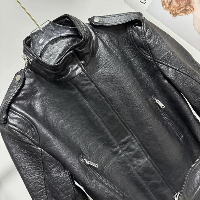 جديد المرأة موتو السائق جاكيت زيبرا الوقوف طوق حزام موضة جلد الغنم فقاعة الجلد معطف جلد طبيعي شامارا بيل موهير #6