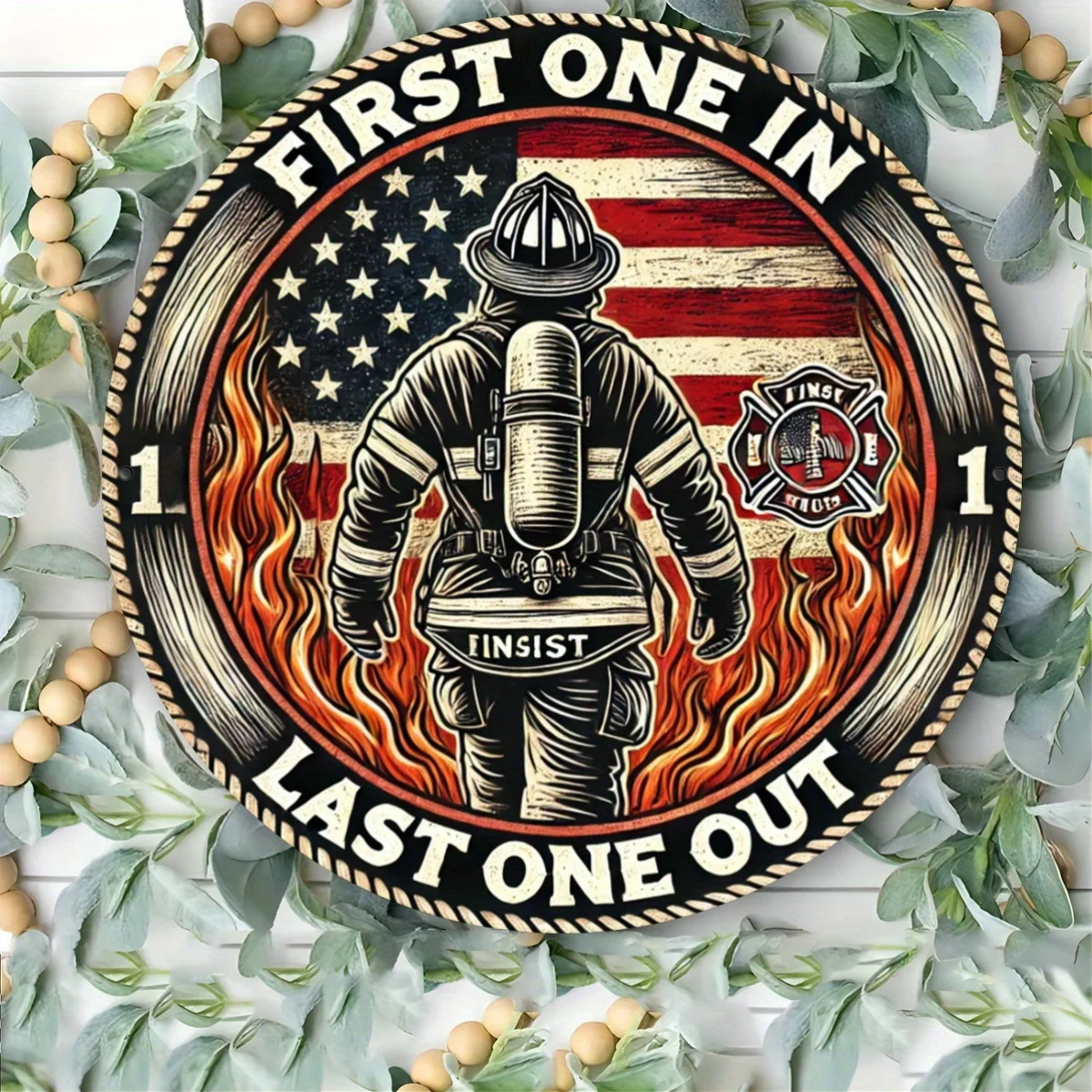 2D Flat, Firefighter Metal Wreath Iron Wall Decor, Suitable for Home, Office, Cafe, And Restaurant, Circular Aesthetic Artwork
