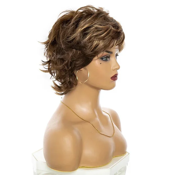 Short Ombre Wigs with Bangs Natural Brown Heat Resistant Sythentic Wig Dress Party Wig for Women Loose Wave Curly Hair Peluca