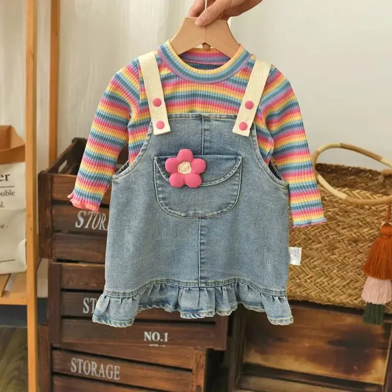 Girls' set Spring and Autumn style children's long sleeved T-shirt vest skirt two-piece set baby fashion clothing set