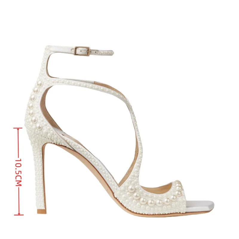 Tacchi alti sottili alla moda europea e americana, bocca di pesce a testa quadrata, sandali con fibbia con cinturino di perle Sexy, scarpe da sposa