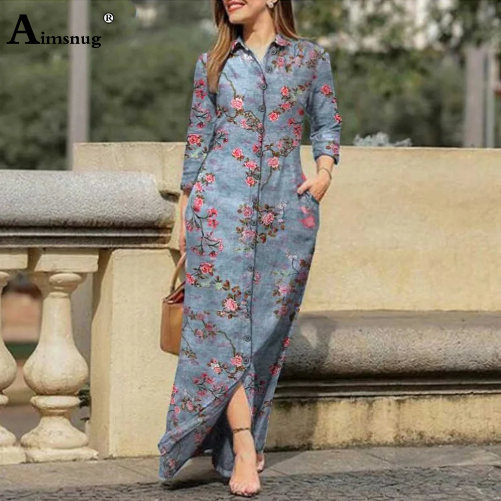 Aimsnug 2023ฤดูร้อนผู้หญิงเสื้อสุภาพสตรี Elegant Boho Dresses ดอกไม้พิมพ์พลัสขนาดหญิงเดี่ยว Maxi ชุด