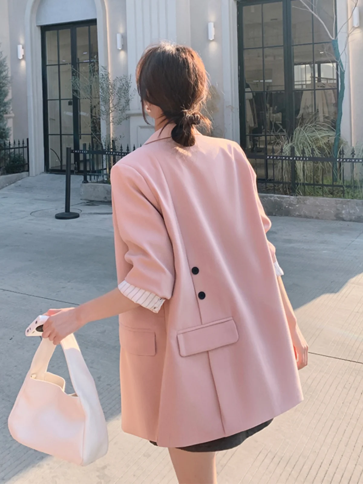 

Розовый женский пиджак: повседневный дизайн, новинка сезона весна-осень, стильный, для работы и отдыха, с длинным рукавом, прямого кроя.