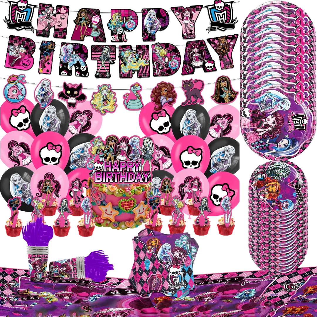 Cute Monster High Birthday Party Supply Disposable Banner Cake Topper Hanging Flag Monster High Balloons Set Birthday Decoration