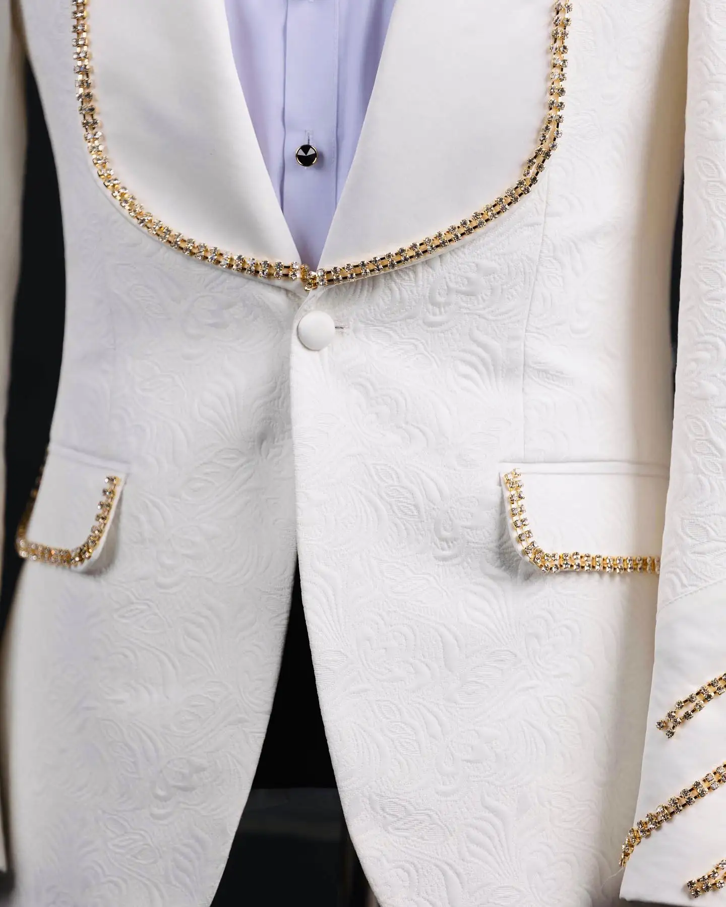 White Jacquard Men Suits Set 2 Pcs Crystals Blazer+Black Pant Trousers Wedding Tuxedo Formal Office Groom Prom Jacket Coat
