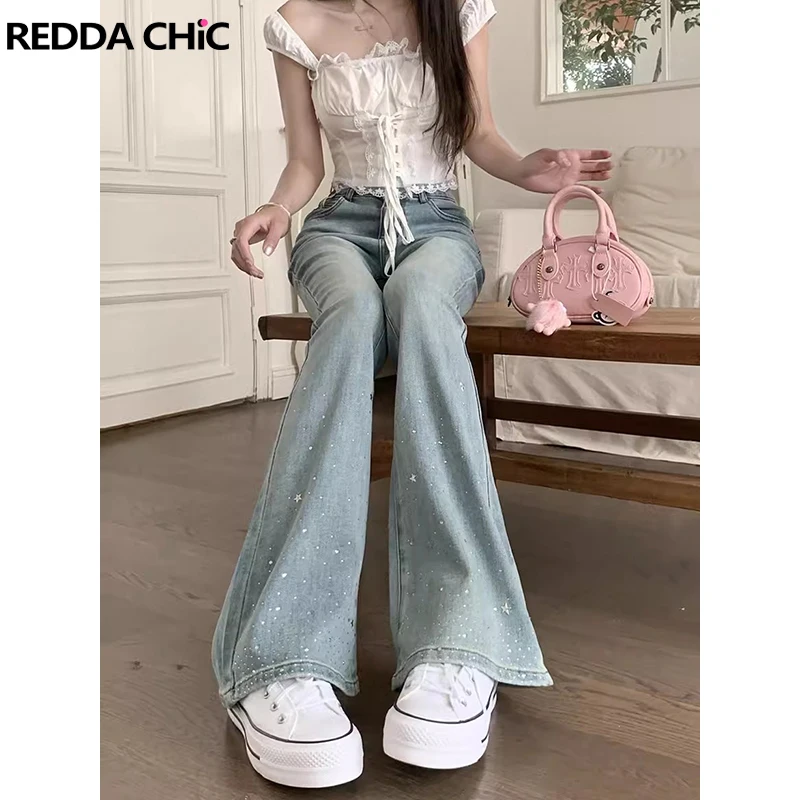 

REDDACHiC Glitter Rhinestone Star Flare Jeans Women Casual Slim Fit Stretch Vintage Wash High Rise Bootcut Pants Korean Clothes