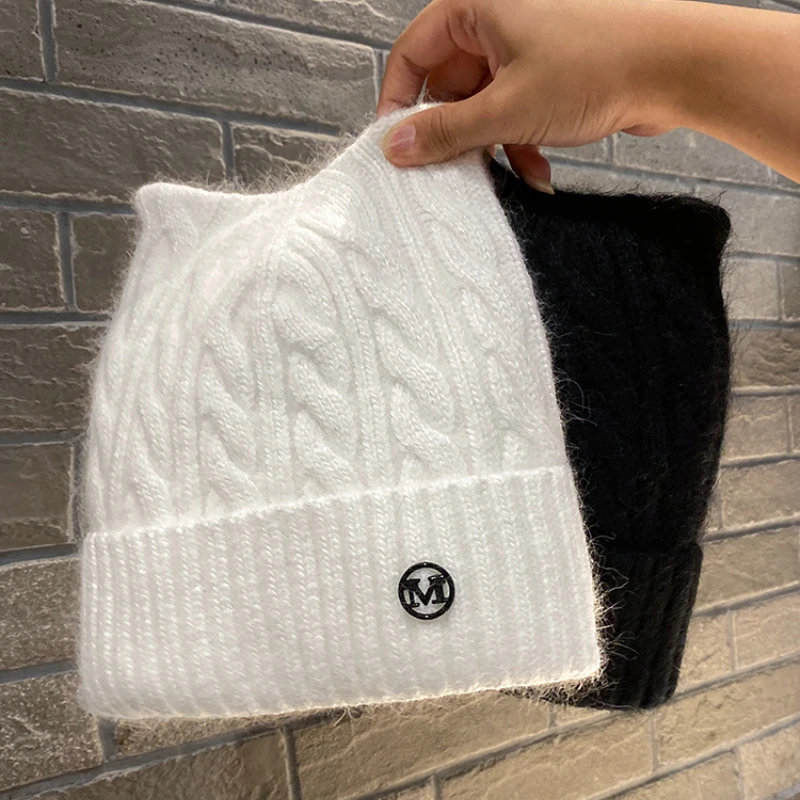 

Cute Cat Ear Woolen Hat Women's Winter Thickened Warm Ear Protective Hat Fashion All Casual Rabbit Plush Knitted Pullover Hats