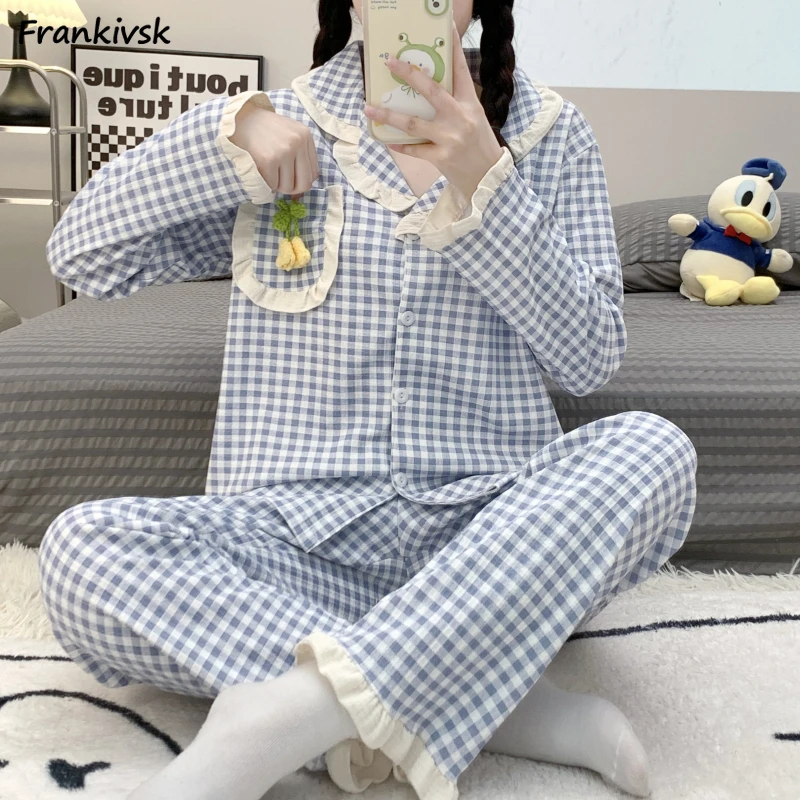 

Plaid Pajama Sets Women Loose Sweet Japanese Style Retro Daily 2 Piece Ins Advanced Pocket Lovely Elegant Temperament Sleepwear