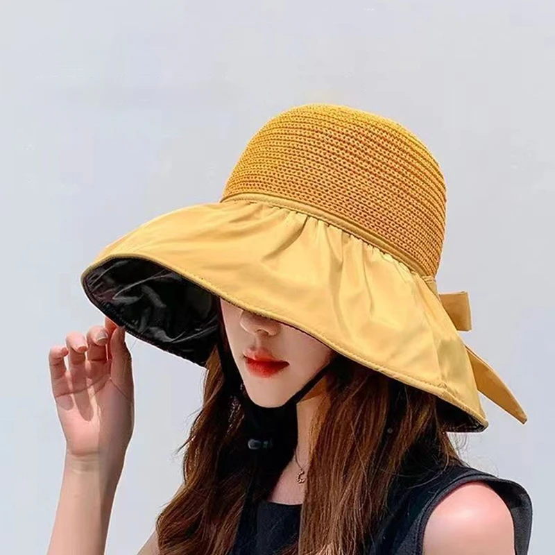 Summer New Women Bucket Hat UV Protection Sun Hats Solid Color Soft Foldable Wide Brim Outdoor Beach Panama Cap Ponytail Caps