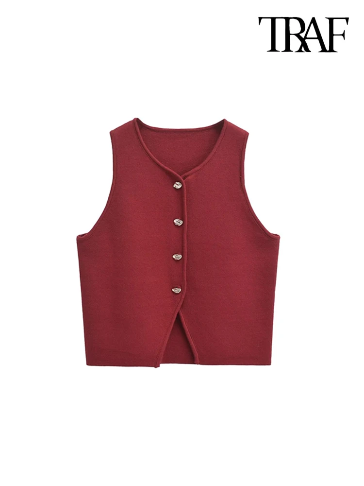 TRAF-Women's Front Button Cropped Knit Vest Sweater, V Neck, Sleeveless, Female Waistcoat, Chic Tops, Fashion