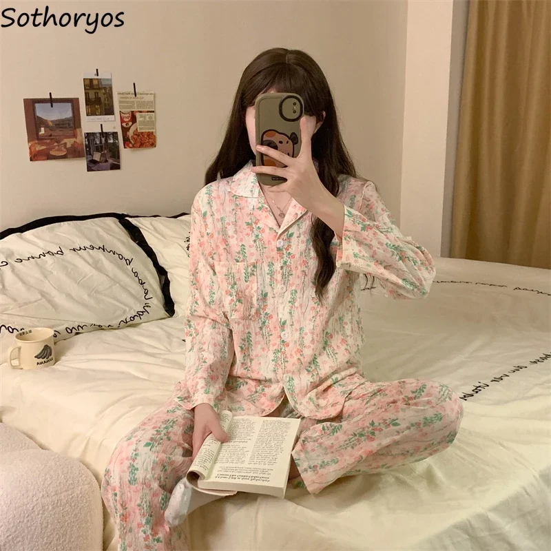 Floral Pajamas Women Sweet Baggy Soft Sleepwear Prairie Chic Home All-match Dormitory Breathable Pijamas De Mujer Spring Autumn