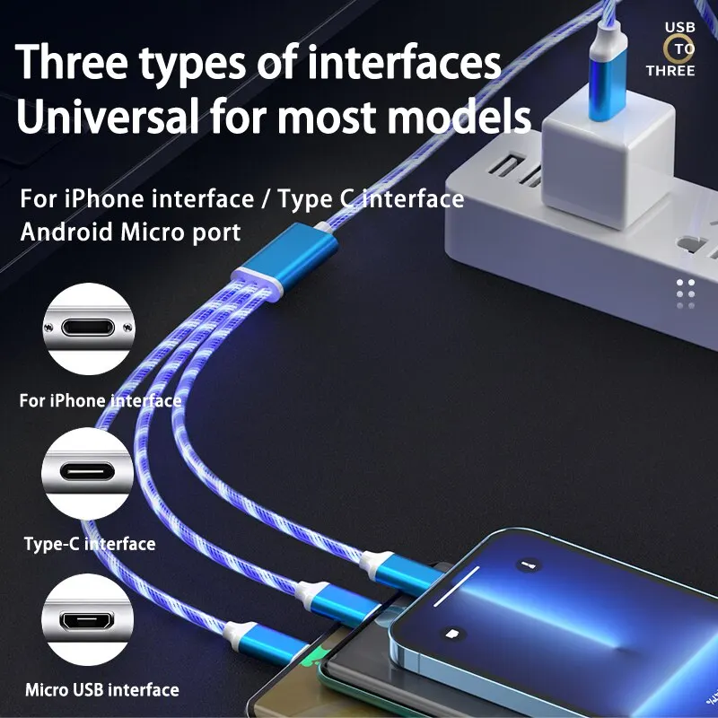3 in 1 3A Fast Charging Glowing LED Light Micro USB Type C Cable For iPhone Samsung Xiaomi Redmi Phone Charger USB Cable image 3