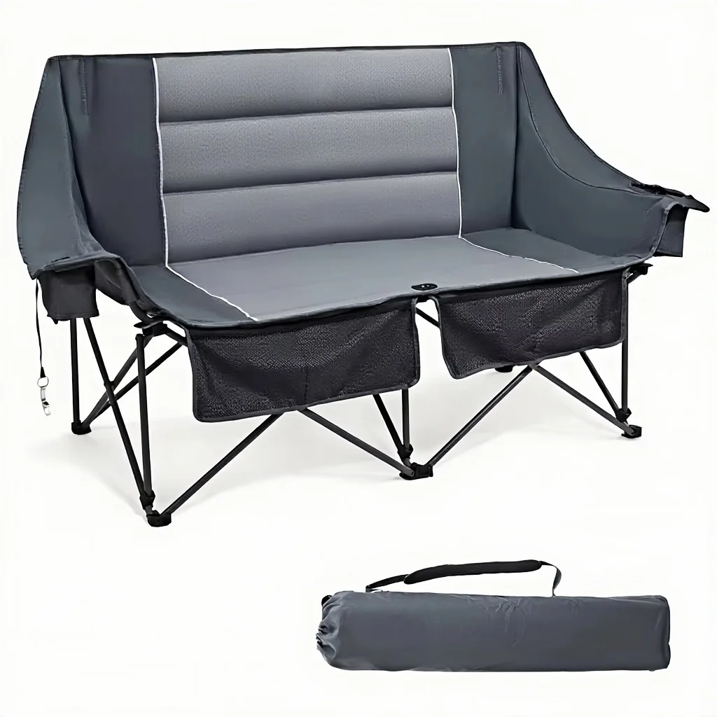 Modern Metal Oxford Cloth Lightweight Portable Folding 2-Seater Heavy Duty Padded Camping Loveseat Chair Cup Holder Bottle