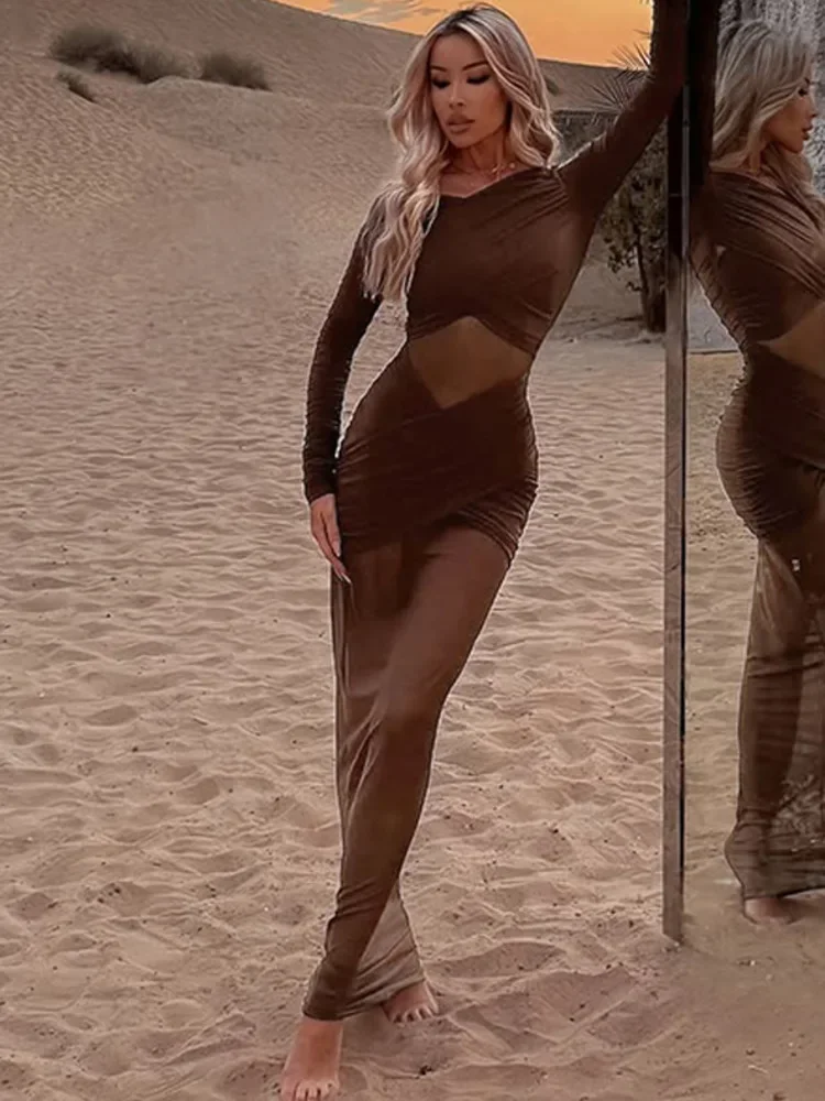 XIAOTANG エレガントな長袖メッシュパッチワークシアードレス女性のセクシーなスリムフィットパーティークラブイブニングドレス秋冬新ビーチウェア