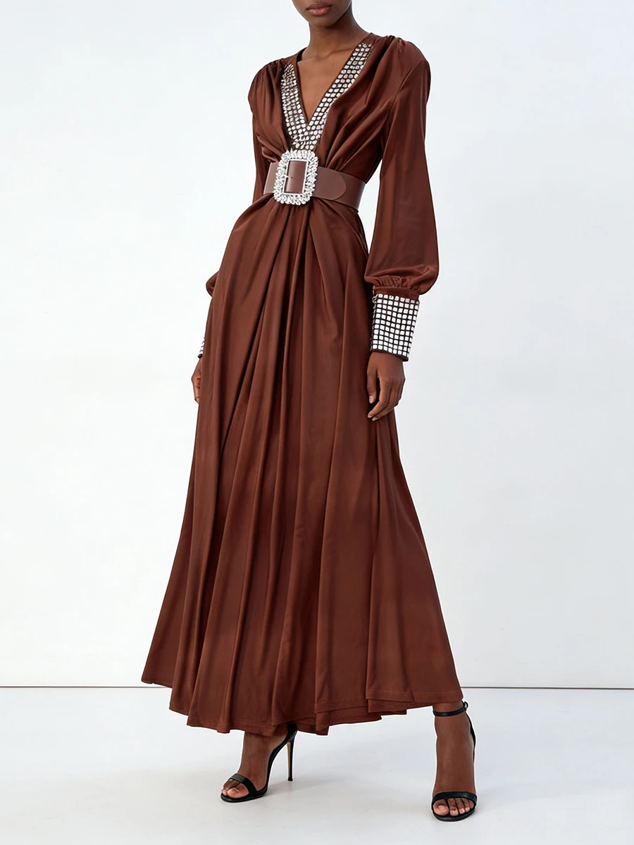 VGH Slimming Spliced Belt Casual Dresses For Women V Neck Long Sleeve High Waist Autumn Elegant Draped Dress Female Fashion New